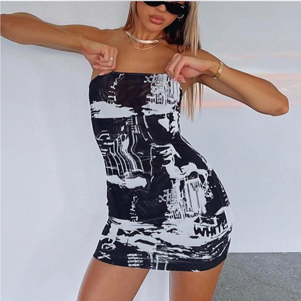 White Fox Boutique Get Closer strapless newspaper print mesh mini Bodycon dress
